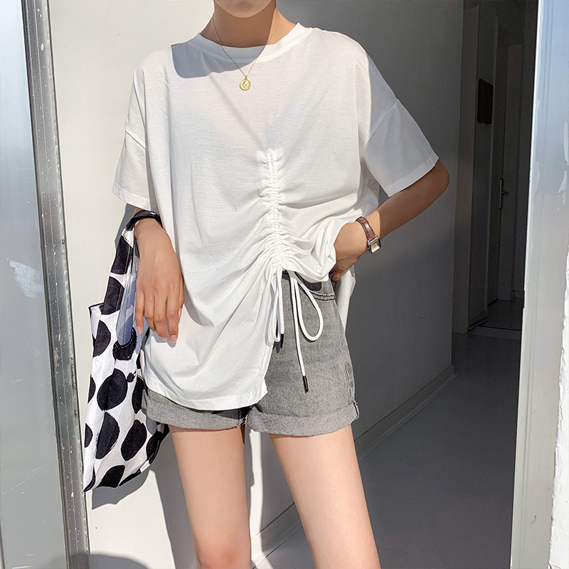 A7seven短袖T恤女夏季白色側邊抽繩拼接圓領韓版寬松百搭上衣體恤