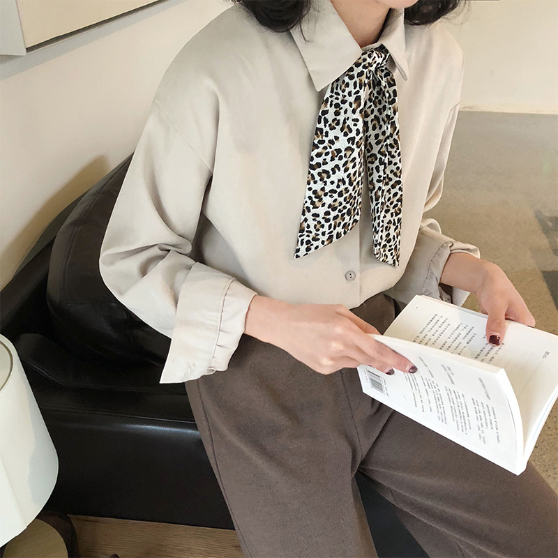 A7seven豹紋領帶襯衫女2019春裝新款時尚長袖白色韓版寬松襯衣潮