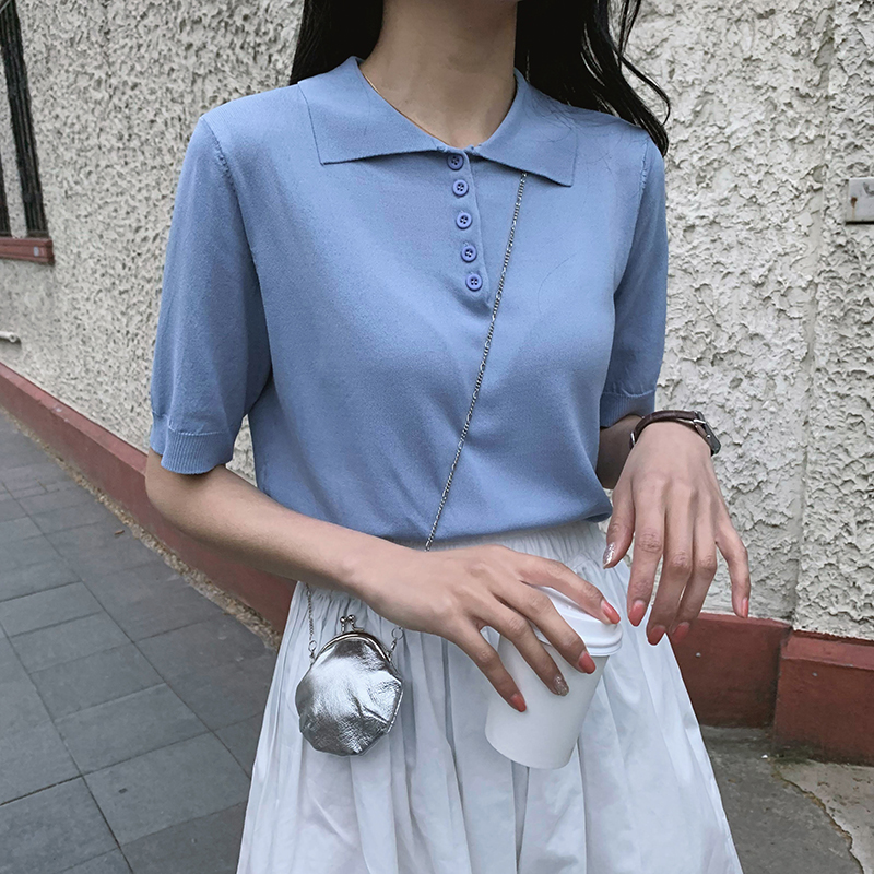 A7seven針織衫女2019春夏新款韓版寬松顯瘦套頭五分袖純色上衣T恤