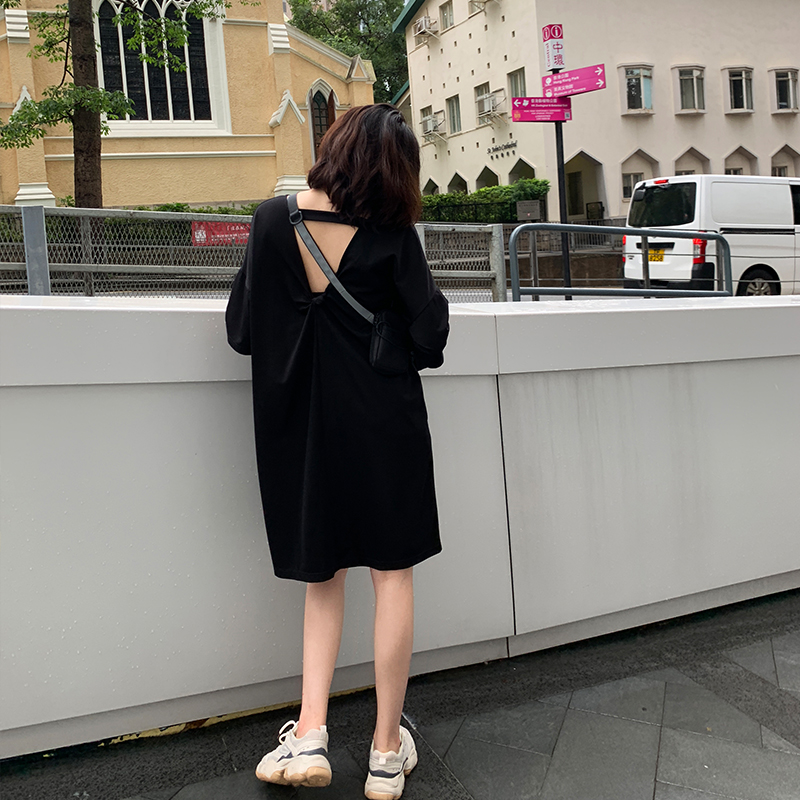 A7seven連衣裙女短袖夏季圓領韓版寬松套頭黑色露背扭結學生T恤裙