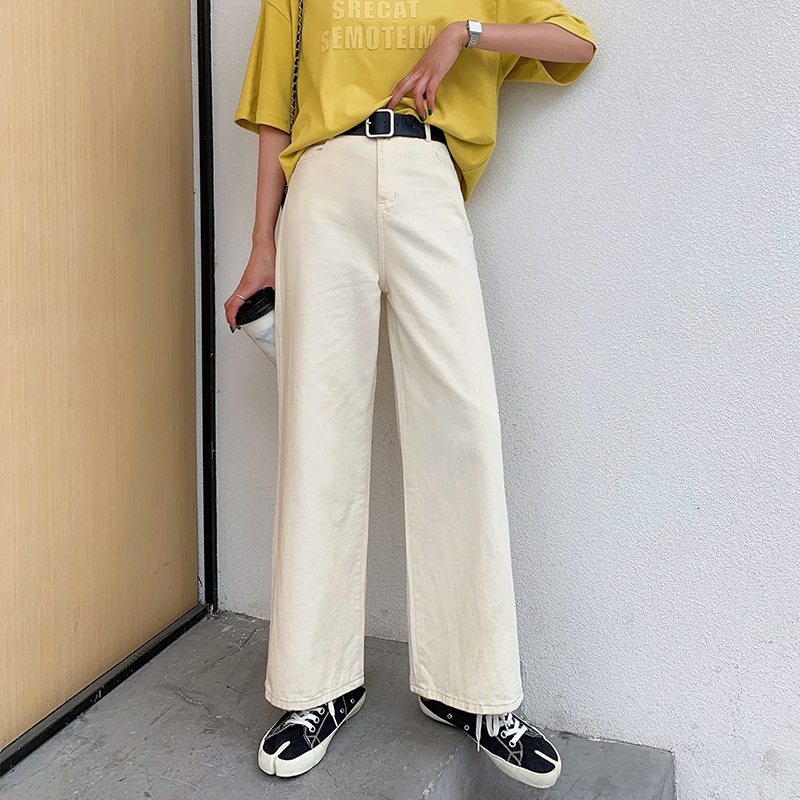 A7seven牛仔褲女2019夏裝新款韓版高腰白色帶皮帶直筒薄款長褲子