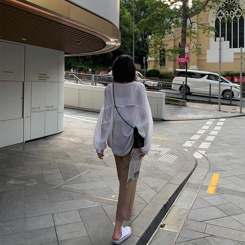 A7seven露背襯衫女夏季長袖白色圓領韓版寬松學院風薄款防曬襯衣