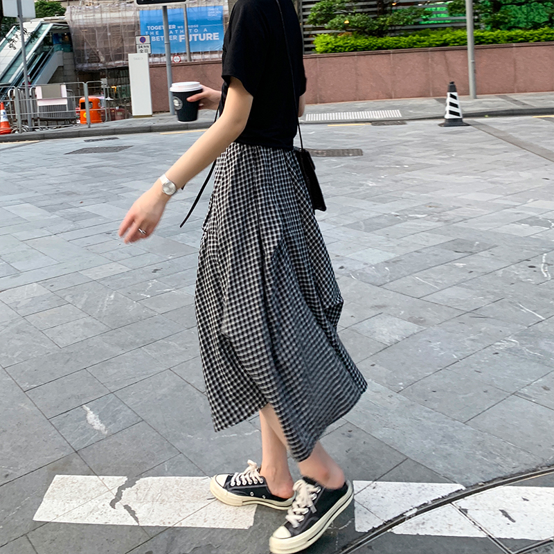 A7seven半身裙女黑白格子夏季不規則韓版高腰顯瘦A字型中長款裙子