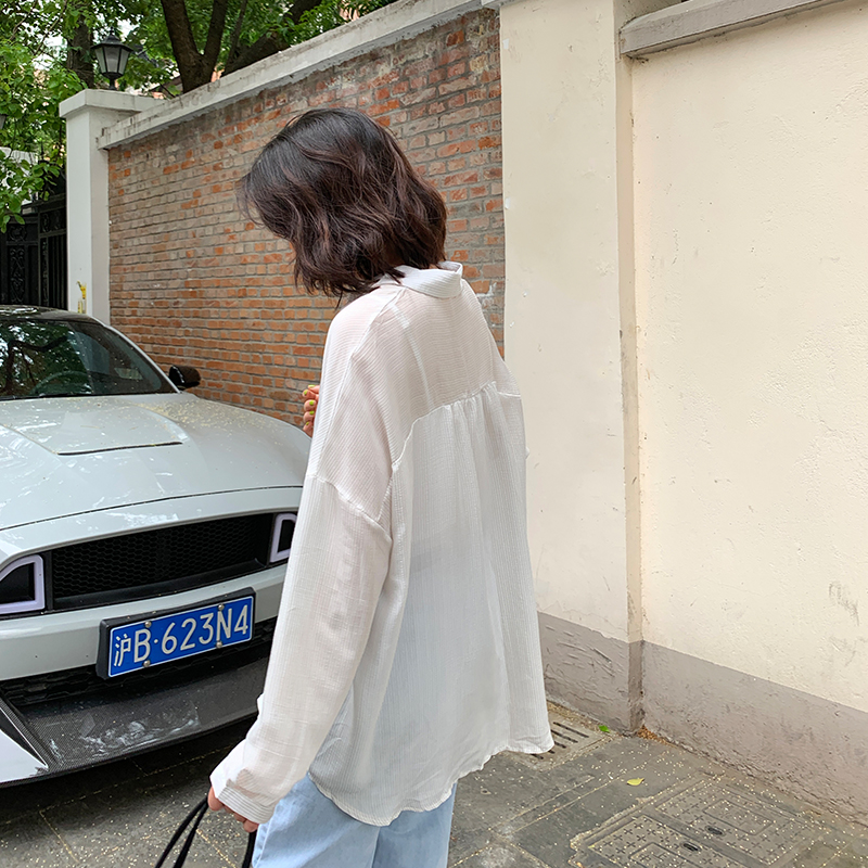 A7seven白色豎條紋襯衫女2019夏季韓版長袖防嗮時尚百搭學生襯衣