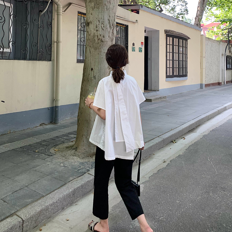 A7seven襯衫女夏季韓版寬松短袖白色拼接不規則百搭時尚洋氣襯衣