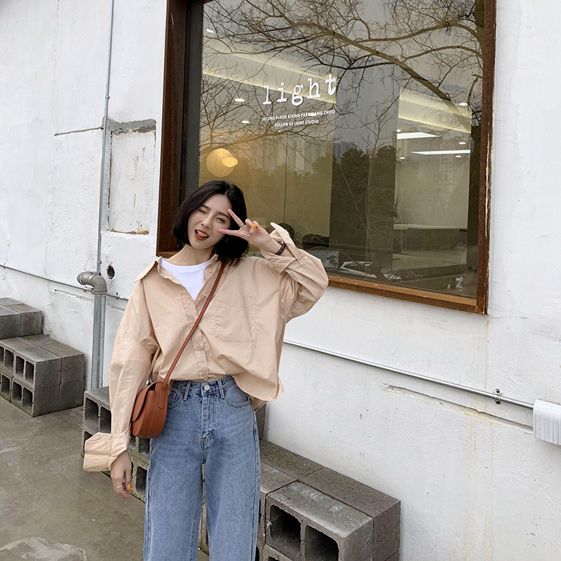 A7seven襯衫女2019春裝新款純色馬卡龍韓版寬松顯瘦簡約長袖襯衣