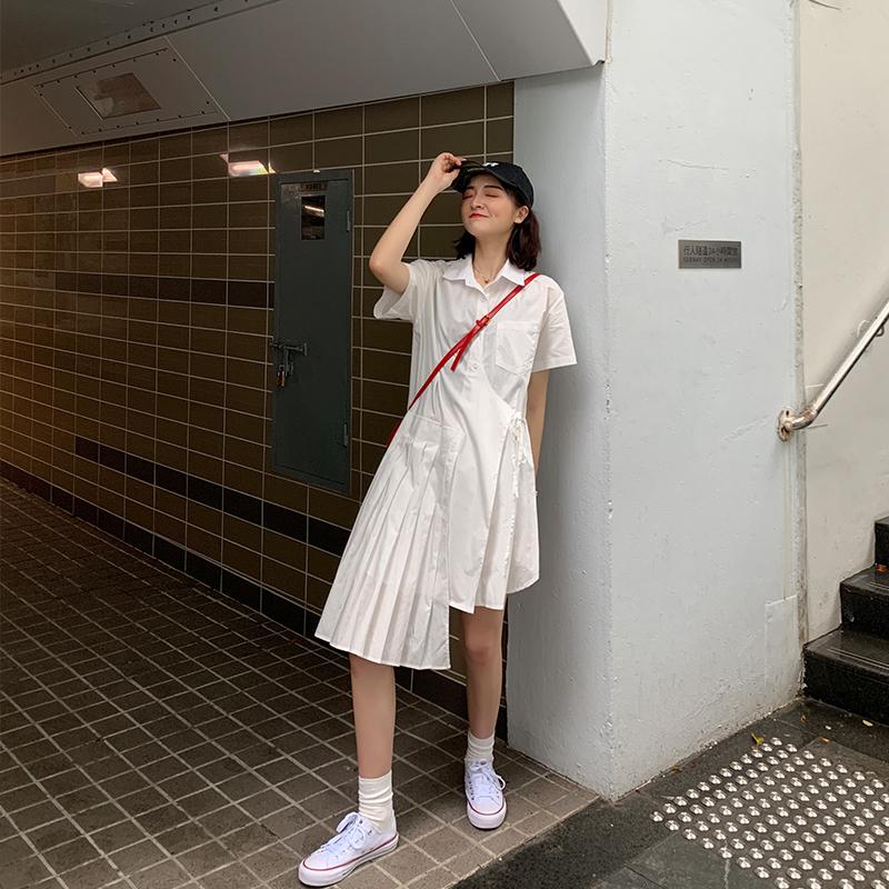 A7seven襯衫連衣裙女夏季系帶收腰拼接韓版寬松白色不規則襯衣裙