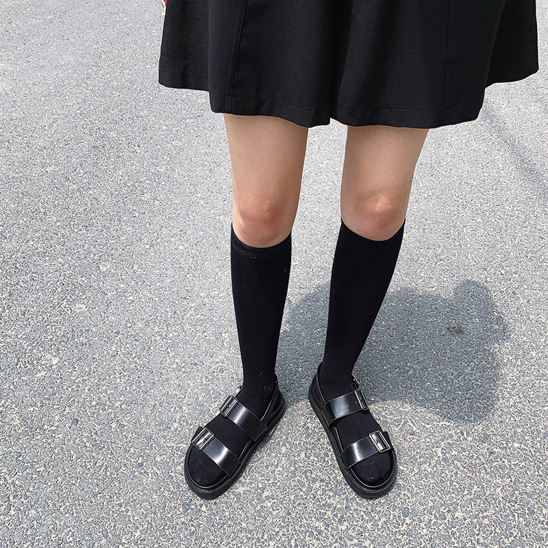 A7seven涼鞋女夏季新款韓版黑色學院風松糕厚底低幫羅馬休閑鞋子