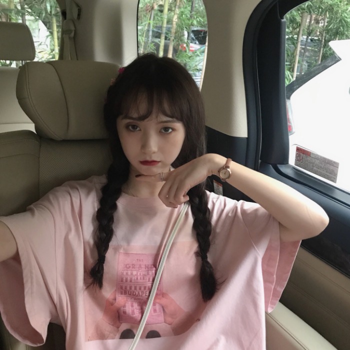 sinbounboun 敲少女心甜美粉色T恤韓版學生復古印花寬松短袖上衣