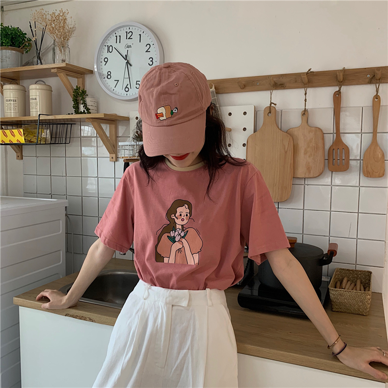 jmwomen短袖女夏季2019新款花朵女孩t恤韓版寬松百搭顯瘦少女上衣