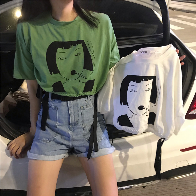 RENA 日系A爆不良少女綁帶設計感寬松短款上衣夏ins個性印花T恤潮