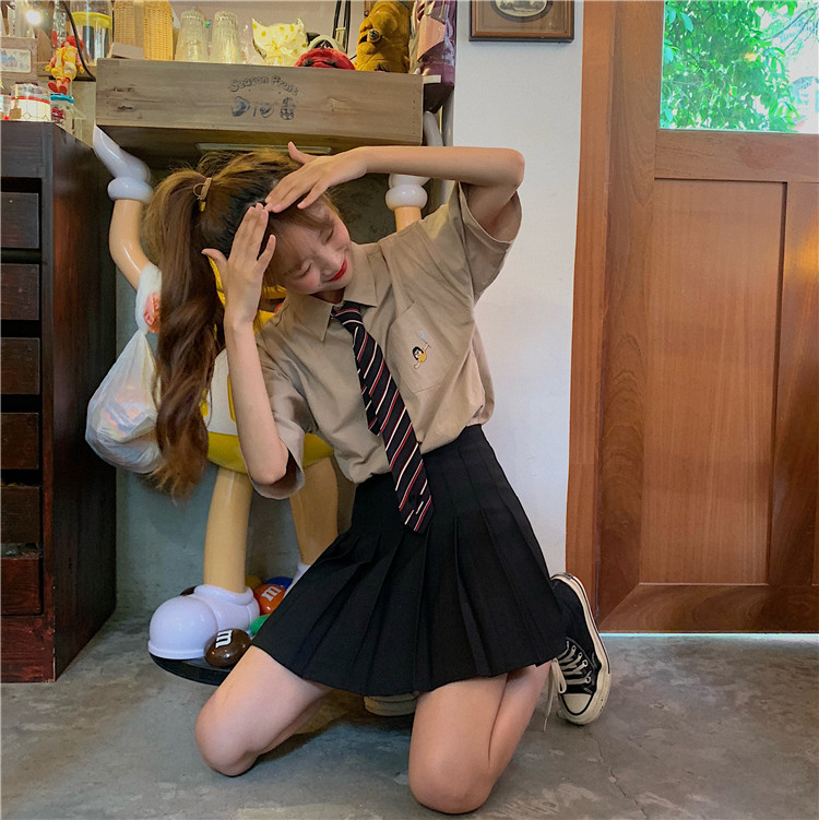 kumikumi 日系學院風套裝韓國卡通刺繡襯衣（領帶）+半身百褶短裙