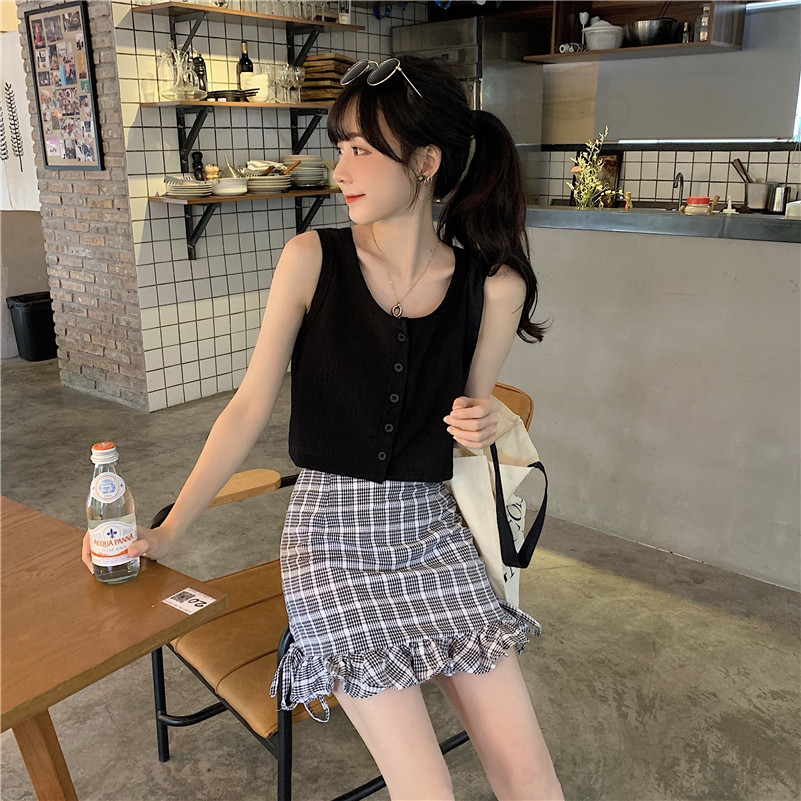 陸小團團 日系軟妹套裝夏修身花邊格子半身短裙+韓版短款黑色背心