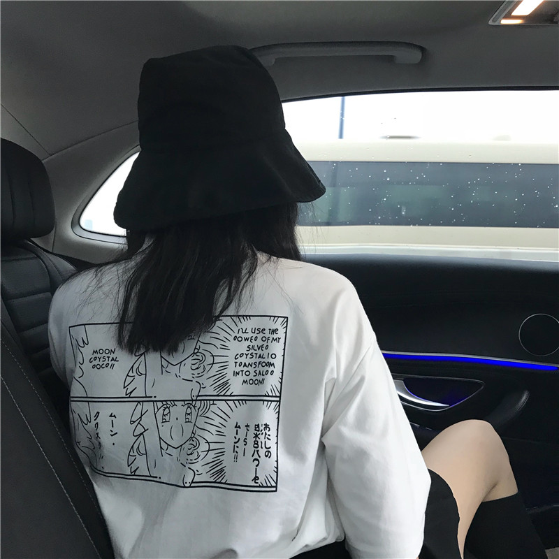 漫畫風日系古著感少女ins夏季喪系上衣韓版短袖字母寬松黑白色T恤